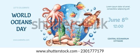 World oceans day. World ocean day. June 8. underwater ocean background. dolphin, shark, coral, fish, sea plants, stingray, turtle. design, poster, banner, template. save ocean. vector illustration. Royalty-Free Stock Photo #2301777179