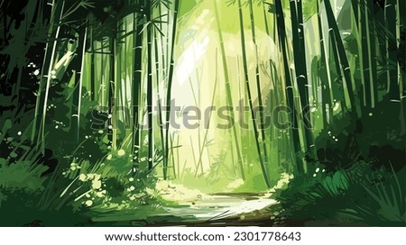 A mesmerizing anime depiction of a lush bamboo forest with rays of sunlight filtering through the dense foliage Royalty-Free Stock Photo #2301778643