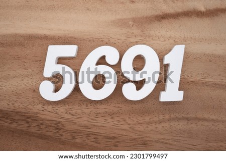 White number 5691 on a brown and light brown wooden background.