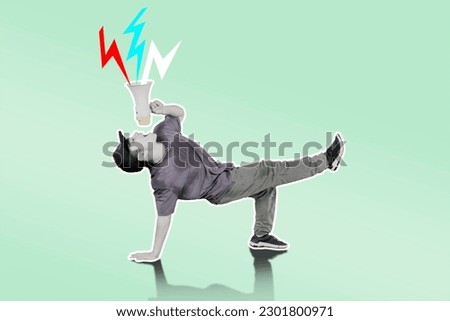 Young man dancing with megaphone collage in magazine style. Contemporary art. Modern design Royalty-Free Stock Photo #2301800971