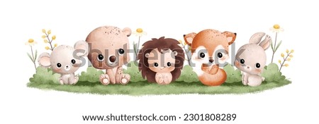 Watercolor Illustration cute baby animals and wooden board