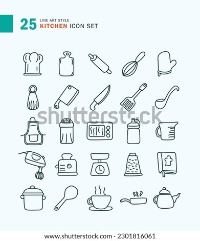 Set of Kitchen Icon Line Art Style. Chef, knife, oven, cook.