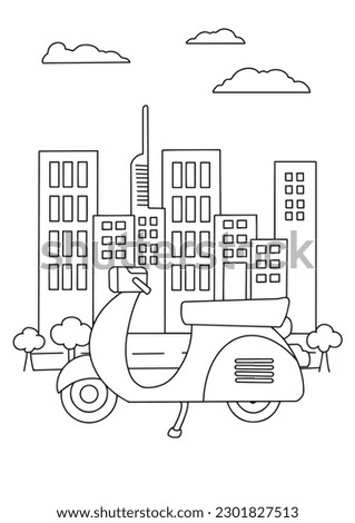 Children coloring page maze scooter and building town illustration