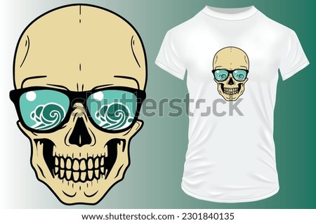 Happy skull with sunglasses and waves in them. Vector illustration for tshirt, hoodie, website, print, application, logo, clip art, poster and print on demand merchandise.