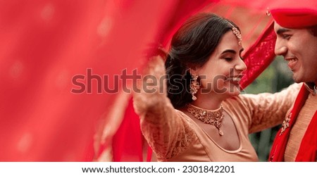 Happy Indian couple, wedding and smile for love, compassion or romance together with care and joy. Hindu man and woman smiling in joyful happiness for marriage, tradition or red culture celebration Royalty-Free Stock Photo #2301842201