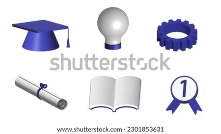 Illustration 3d icons about educational symbols,bulb,diploma, gear, book, graduation cap,medal, award,white and blue tone isolated on white background.Cute style suitable for children.