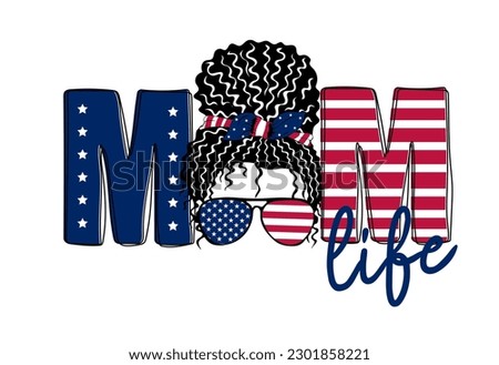 American Mom. 4th of July Messy Bun Girl American. US independence day. Vector illustration 