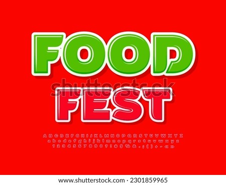 Vector advertising poster Food Fest. Red glossy Font. Modern Artistic Alphabet Letters and Numbers set.