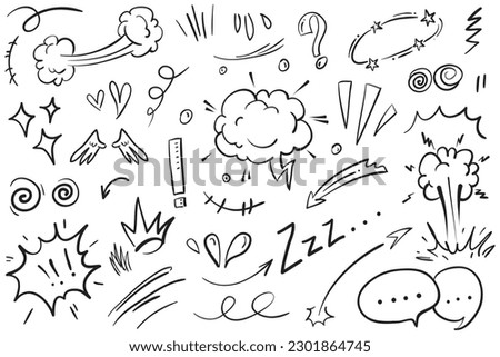 Vector set of hand-drawn cartoony expression sign doodle, curve directional arrows, emoticon effects design elements, cartoon character emotion symbols, cute decorative brush stroke lines. Royalty-Free Stock Photo #2301864745