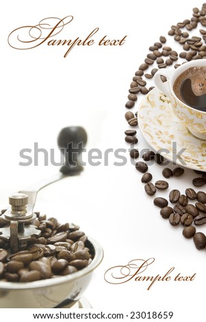 Greeting card with coffee, beans and old-fashioned Grinder