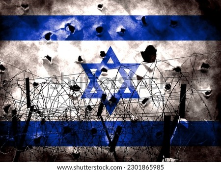 Double exposure of Israel flag. Depiction of Israel's retaliatory airstrikes on Syria. Israeli police clashed with Muslims. Tensions in the Middle East are rising. Useful for basemaps or news stories.
