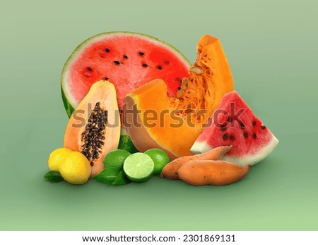 Fresh fruits and vegetables on light green gradient background