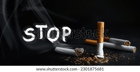 Quit smoking. Word Stop of smoke, whole and broken cigarettes on black background, banner design