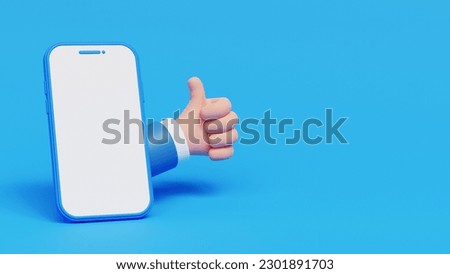 Thumbs up, like it hand gesture with smartphone and free text space on blue background. Best service, feedback or review concept. 3d illustration