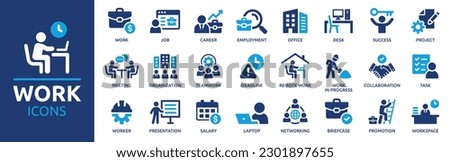 Work icon set. Containing job, career, employment, meeting, organization, teamwork and networking icons. Solid icon collection. Vector illustration. Royalty-Free Stock Photo #2301897655