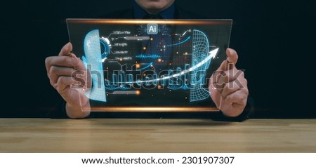 Analysts use AI Measuring in business analytics data management systems to generate reports with KPIs and database connection metrics. Corporate Strategy in Financial Banking Operations, Sales, Maket Royalty-Free Stock Photo #2301907307