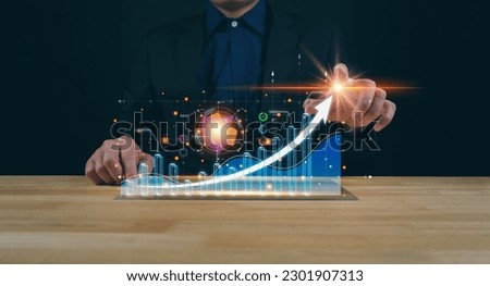 Analysts use AI Measuring in business analytics data management systems to generate reports with KPIs and database connection metrics. Corporate Strategy in Financial Banking Operations, Sales, Maket Royalty-Free Stock Photo #2301907313