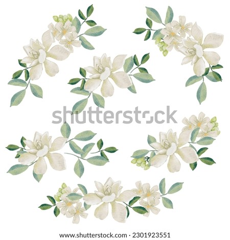 watercolor white thai flower gardenia and orange jasmine bouquet wreath frame collection Royalty-Free Stock Photo #2301923551
