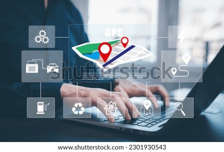 Man using Smartphone with virtual world and model map with location point, GPS app, icon Travel maps and find places in the online system, all screen graphics are generated, Searching for travel.