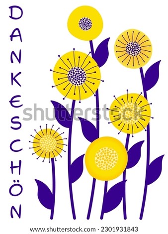 Dankeschön - Lettering in German language - Thank you. Thank you card with modern abstract flowers in yellow and purple.