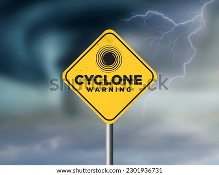 Cyclone warning sign against a powerful stormy background with copy space. Dirty and angled sign with cyclonic winds add to the drama. Royalty-Free Stock Photo #2301936731