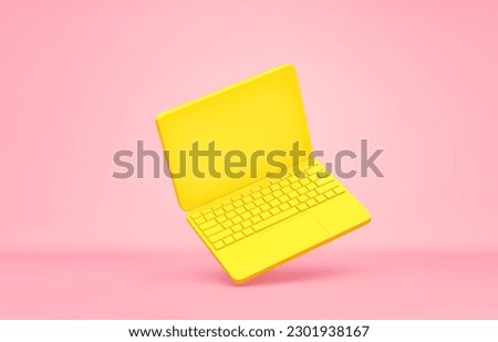 Yellow laptop flying on pink background. 3D rendering with clipping path