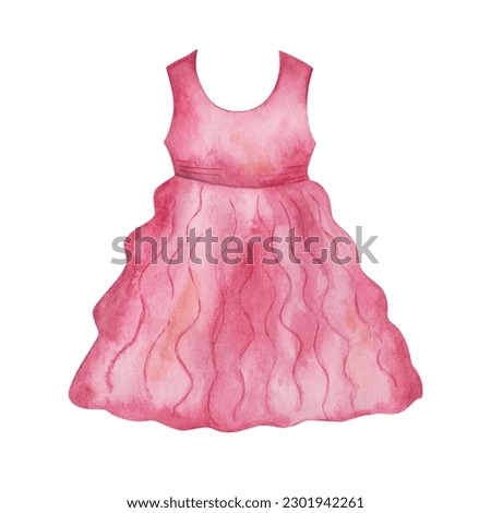 Watercolor illustration. Hand painted pink dress, sleevless t-shirt and fluffy, flared skirt. Woman's clothes. Girl's wardrobe. Feminine clothing. Isolated fashion clip art for shop banners, stickers