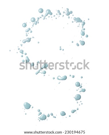 Letter S character made with the oil paint drops and spills, isolated over the white background