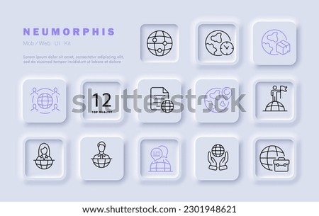 Tourism icons set. International landmarks, famous places, transportation, recreation, and accommodation symbols. Travel. Neomorphism style. Vector line icon for Business