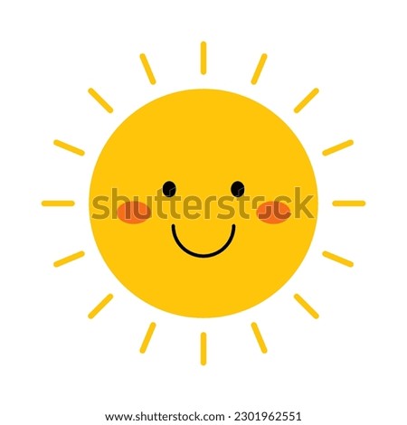 Vector funny sun in flat design. Happy smiling sun. Childish cute sunshine emoji. Kawaii yellow sun with sunbeams. Baby sunshine with blush. Royalty-Free Stock Photo #2301962551