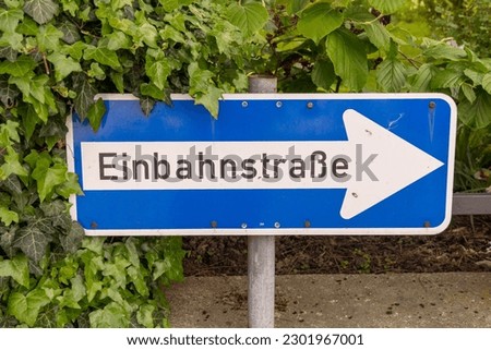 sign with the German inscription Einbahnstraße (one-way street) grown into plants