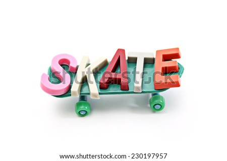 Skate word on a skate board on white background.