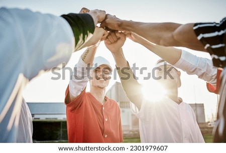 Fist, motivation or sports men in huddle with support, hope or faith on baseball field in fun game together. Teamwork, hands up or group of excited softball athletes with goals, mission or solidarity