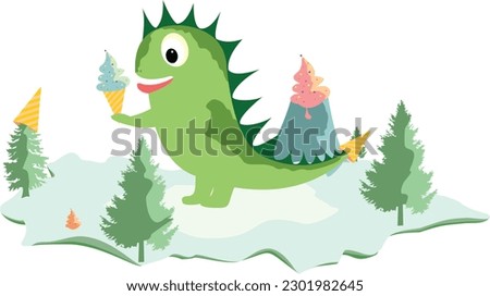 2D animation of a cute dinosaur eating ice cream with an ice theme jpg