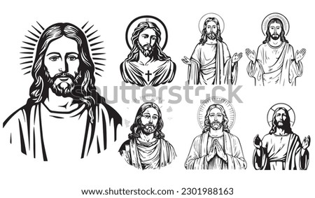 Jesus Christ Vector illustration. Black silhouette svg of Jesus, laser cutting cnc. Royalty-Free Stock Photo #2301988163