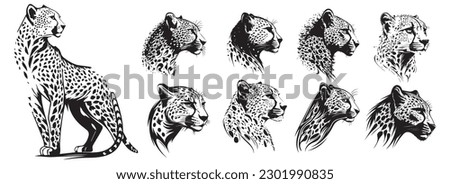 Cheetah heads black and white vector. Silhouette svg shapes of cheetah illustration. Royalty-Free Stock Photo #2301990835
