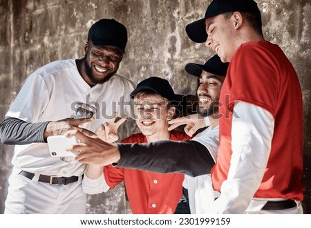 Baseball, sports men or team selfie for social media for fun memory or profile pictures training in stadium. Mobile app, friends or happy softball players relaxing or bonding together in dugout bench