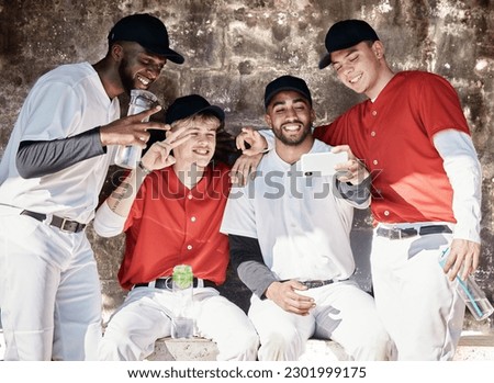Baseball, sports or team selfie for social media for fun memory or profile pictures training in stadium. Mobile app, friends or happy softball players relaxing or bonding together in dugout bench
