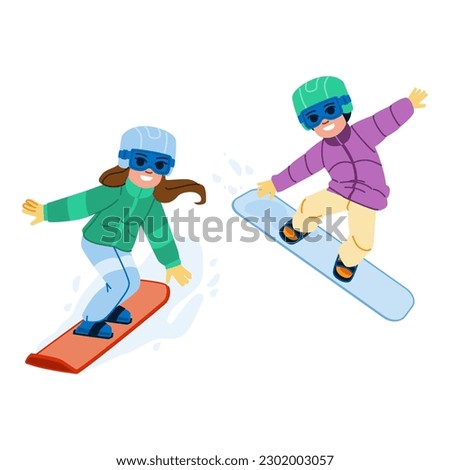 snowboarding kid vector. active snowboard, winter sport, snowboarder happy, fun snow, season young snowboarding kid character. people flat cartoon illustration Royalty-Free Stock Photo #2302003057