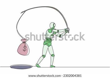 Continuous one line drawing robot holding fishing rod got big money bag from hole. Humanoid robot cybernetic organism. Future robotics development. Single line draw design vector graphic illustration