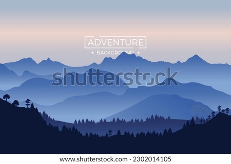 Mountain background with fir trees and blue light reflected at night. Background illustration