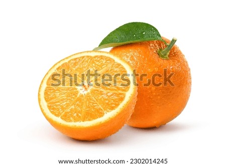 Fresh orange with cut in half and water droplets isolate on white background. Clipping path.  Royalty-Free Stock Photo #2302014245