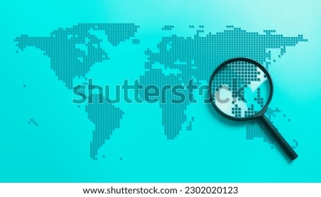 Magnify glass zooming the pixelated country in the world map on blue background. Geology and worldwide concept.
