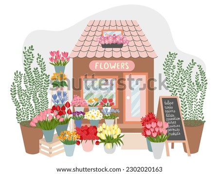 Floral market facade interior illustration. Flat style flower shop decorated with plants and flowers vector illustration. Royalty-Free Stock Photo #2302020163