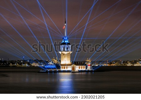 The new look of Maiden's Tower after restoration in Istanbul, Turkey. Maidens Tower opened with light and laser shows. 