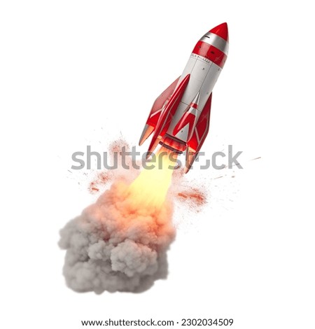 Successfully launch of a red rocket on a white background Royalty-Free Stock Photo #2302034509