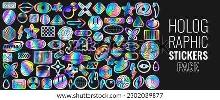 Set of holographic retro futuristic stickers. Vector illustration with iridescent foil adhesive film with symbols and objects in y2k style. Holographic futuristic labels. Royalty-Free Stock Photo #2302039877