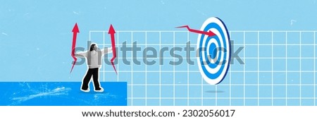 Banner with one girl, office worker holding arrows and throwing the target on blue background. Contemporary artwork. Concept of success, career growth, hard working, strategy, startup, marketing plan