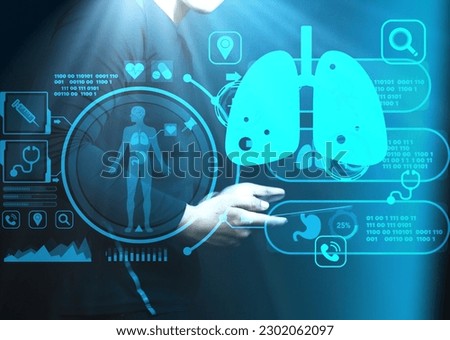 Tablet,Medical technology and futuristic concept.Digital healthcare and network on modern virtual screen, Lung, body Health Check with digital system support for patient with medical icon at hospital.
