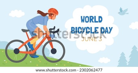 World Bicycle Day. June 3. world bicycle day celebration. banner, poster, background. World Bicycle Day Concept. World Bicycle Day Poster. Healthy lifestyle concept. vector illustration. ridding bike. Royalty-Free Stock Photo #2302062477